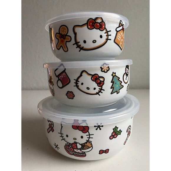 Set Of 3 Hello Kitty Christmas Pressure Lid Ceramic Food Storage Bowls Container - Picture 1 of 10